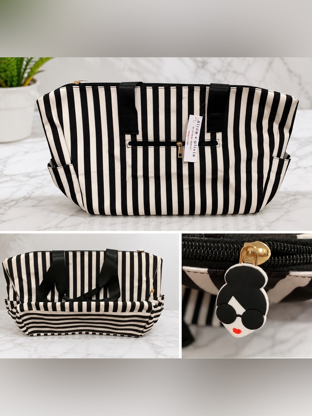 Alice + Olivia Black White Stripe Weekender Duffel Bag NWT Travel Tote